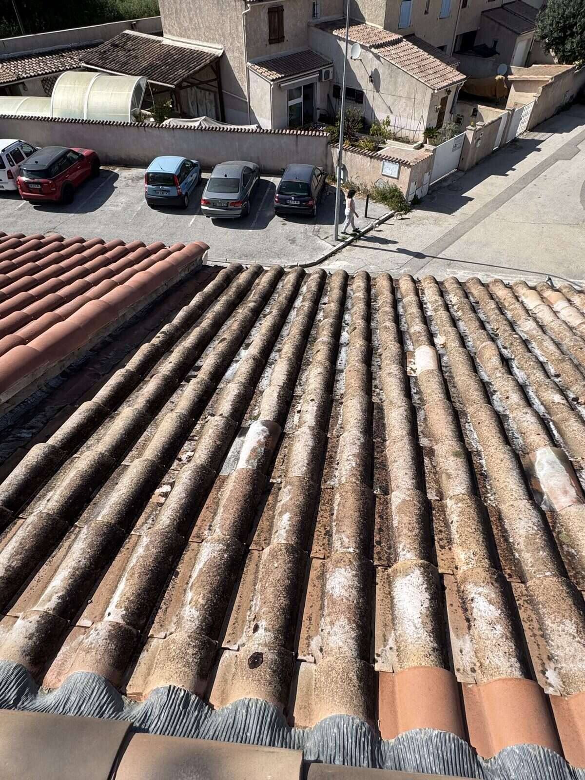 Toiture envahie de lichens avant nettoyage dans le Var